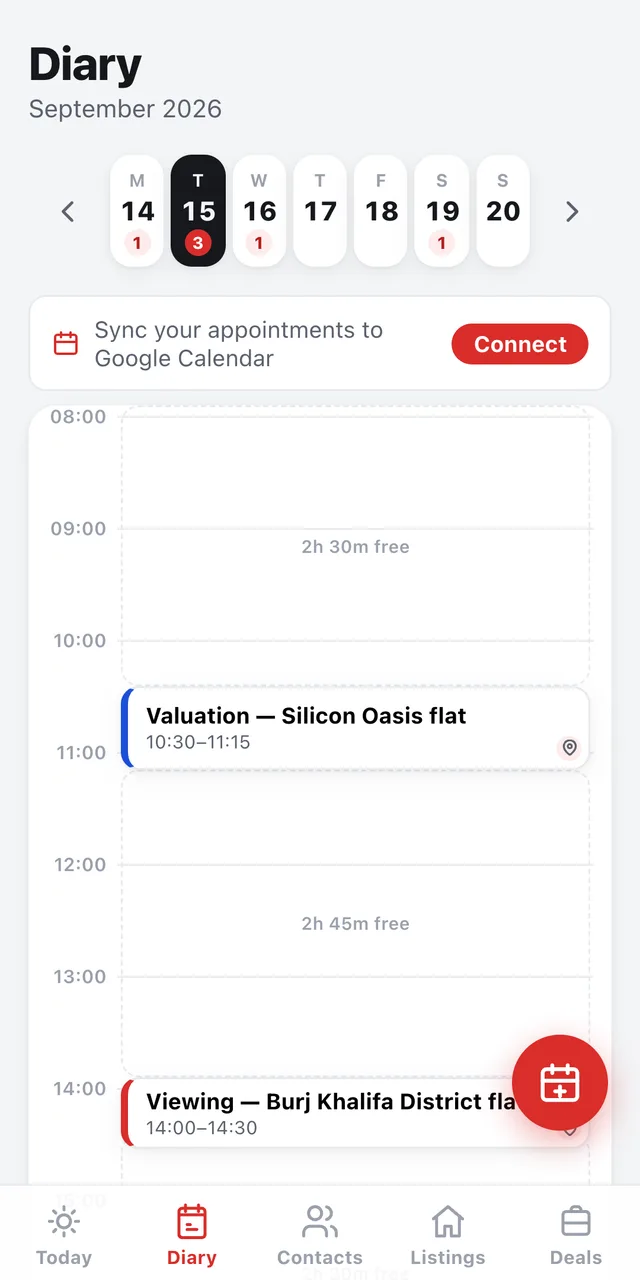 Daykit Diary screen with appointments and follow-ups for the day
