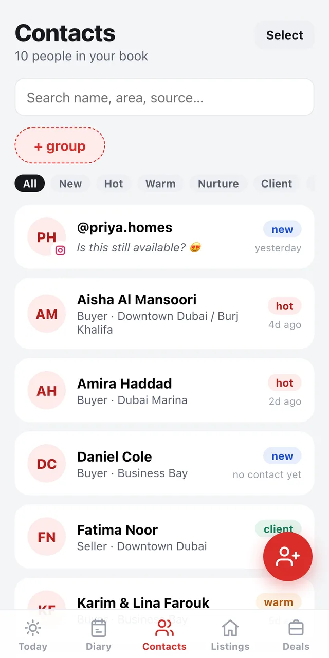 Daykit Contacts screen with contact stages and last-touch lines