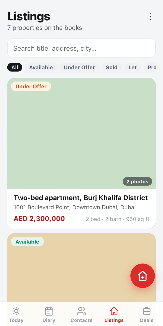 Daykit Listings screen with property photos, prices and status